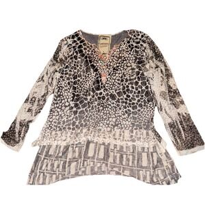 Vtg Concept Top Animal Print Art Sheer Sleeve Layered Boho Women's Sz Small